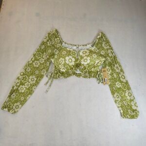Madden NYC Green Floral Mesh Crop Top Ruched Y2K Cottagecore M